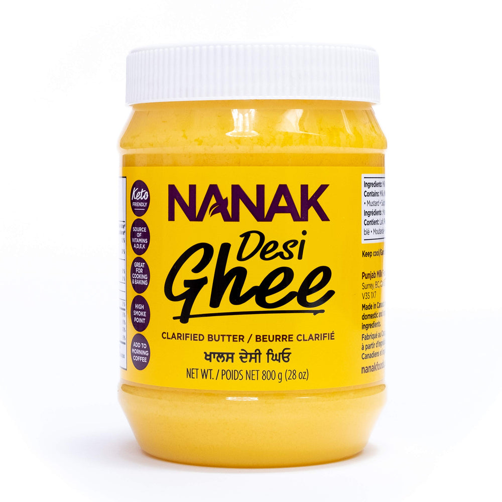 Nanak Desi Ghee jar with pour spout, ideal for dairy-free cooking.