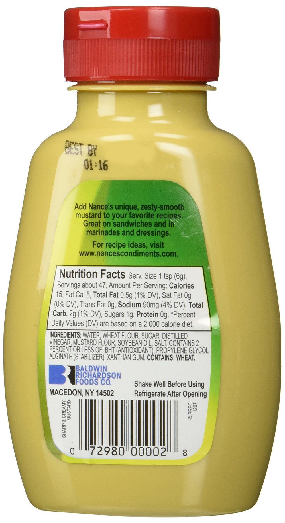 Nance's Mustard Sharp & Creamy label closeup highlights gluten-free facility.