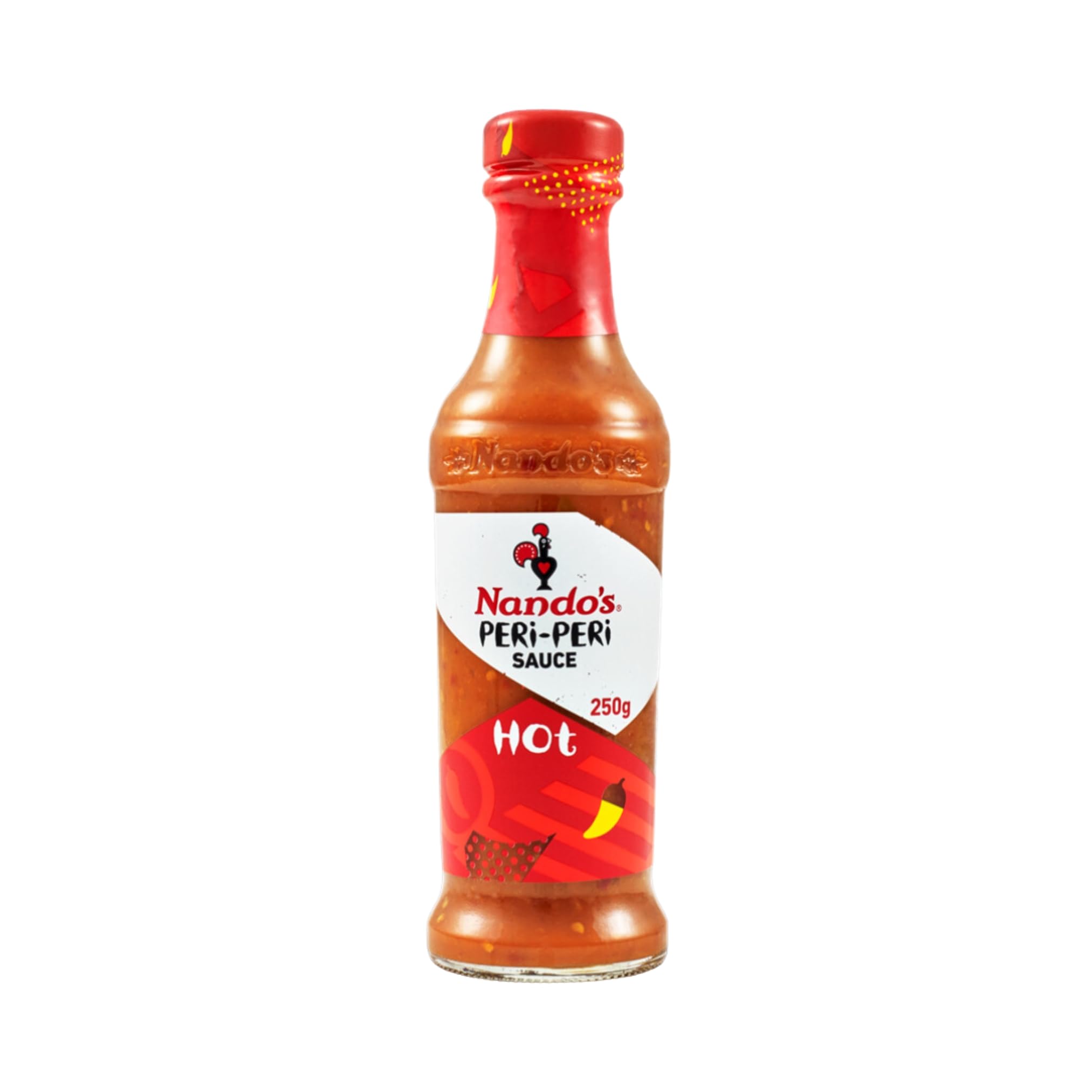 Nando's Hot Peri-Peri sauce bottle closeup showcasing fiery heat for marinades.