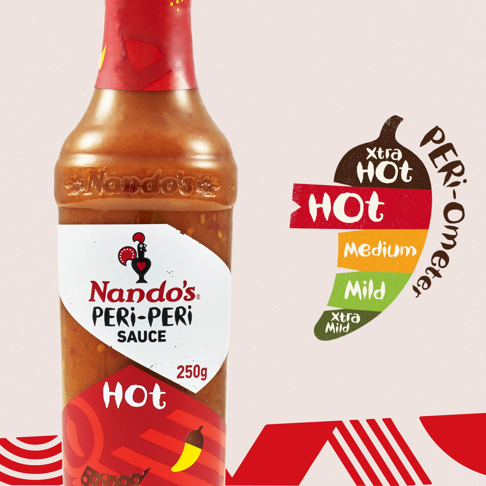 Nando's Hot Peri-Peri sauce bottle closeup ideal for grilling chicken.