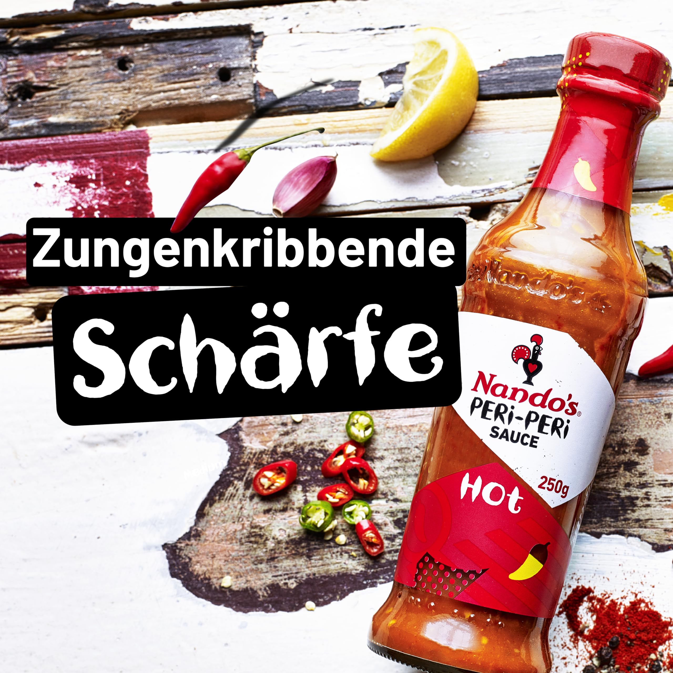 Nando's Hot Peri-Peri sauce dip with crisp veggies highlights bold flavor boost.