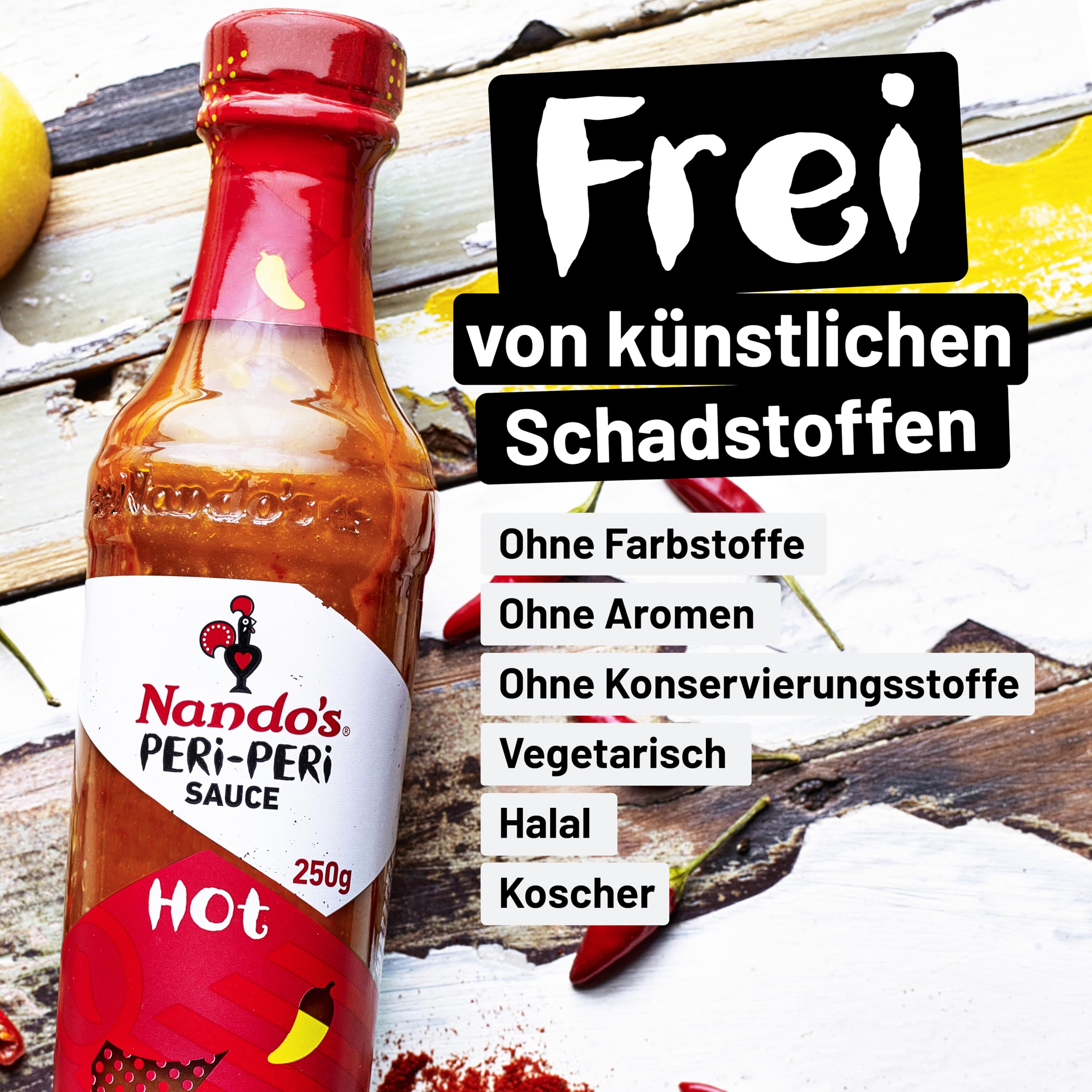 Nando's Hot Peri-Peri sauce on grilled chicken looks smoky and vibrant.