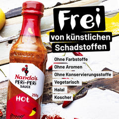 Nando's Hot Peri-Peri sauce on grilled chicken looks smoky and vibrant.