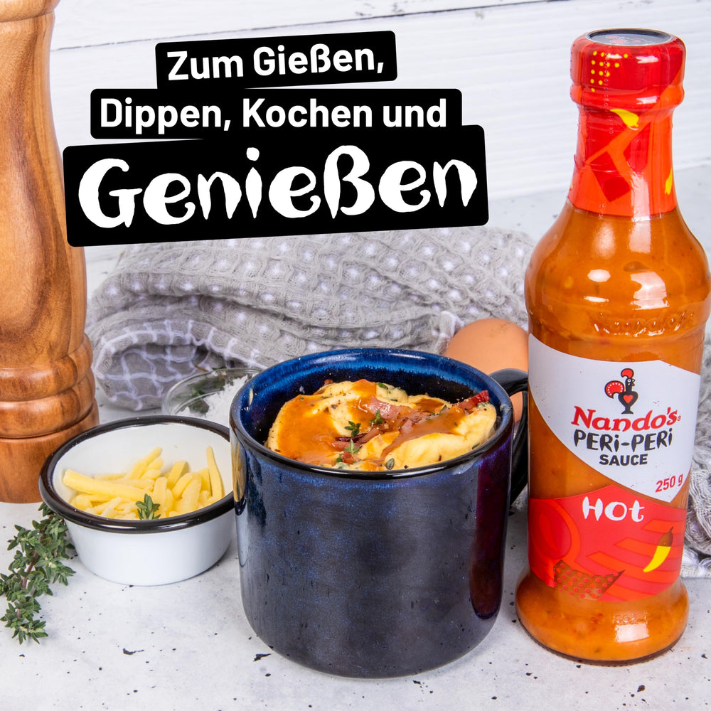 Nando's Hot Peri-Peri sauce splash over pan shows quick glaze option.