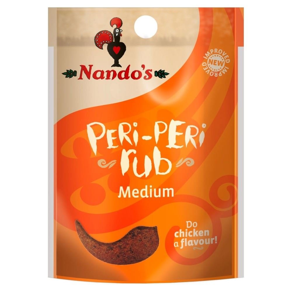 Nando's Peri-Peri Rub Medium two 25g sachets for flavorful chicken.