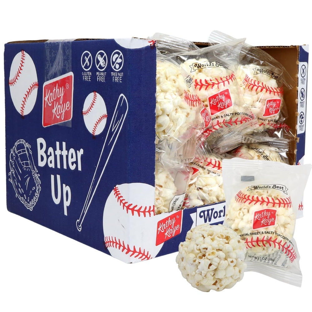 Nani Organics Kathy Kaye baseball popcorn balls in a display case for easy party gifts.