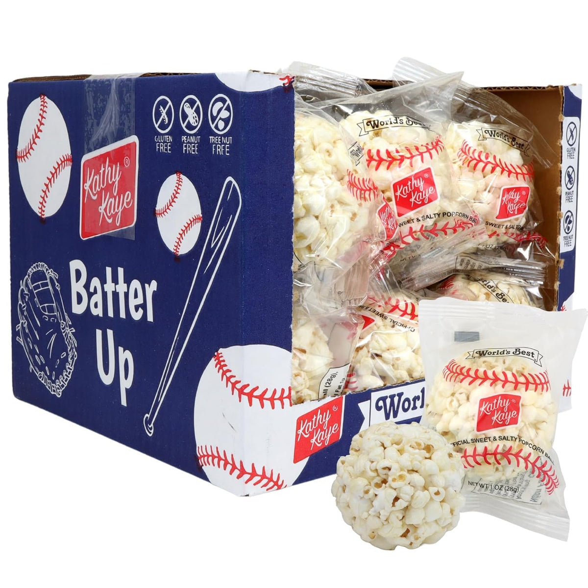Nani Organics Kathy Kaye baseball popcorn balls in a display case for easy party gifts.