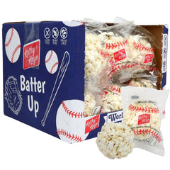 Nani Organics Kathy Kaye baseball popcorn balls in a display case for easy party gifts.