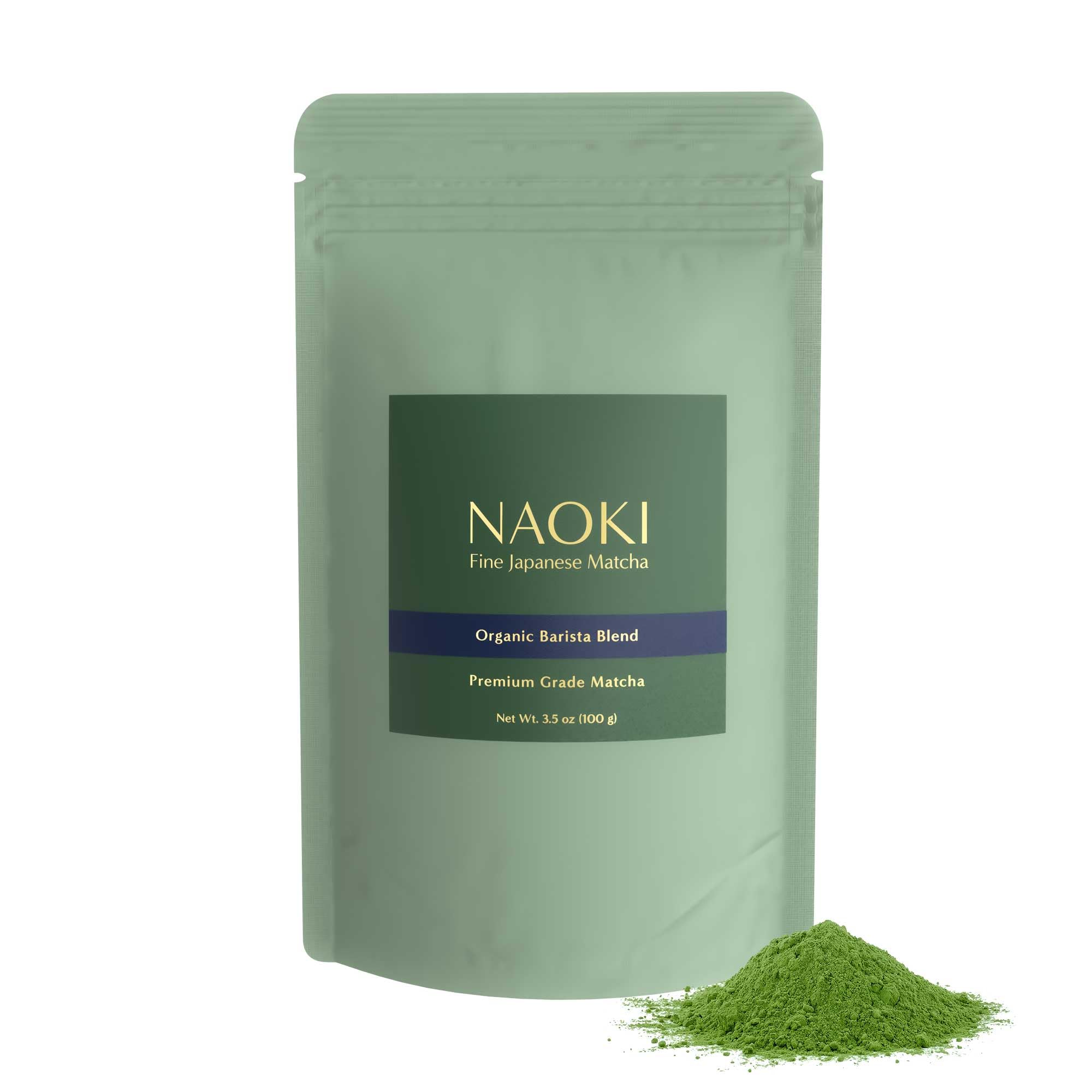 Naoki Matcha Barista Blend bottle with vibrant green powder for smooth lattes