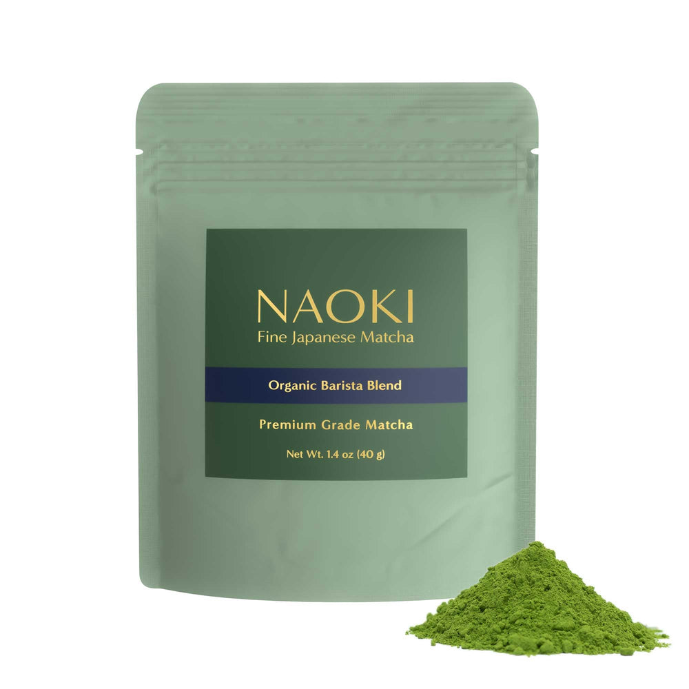 Naoki Matcha Barista Blend pack shot showing smooth flavor for lattes and desserts.