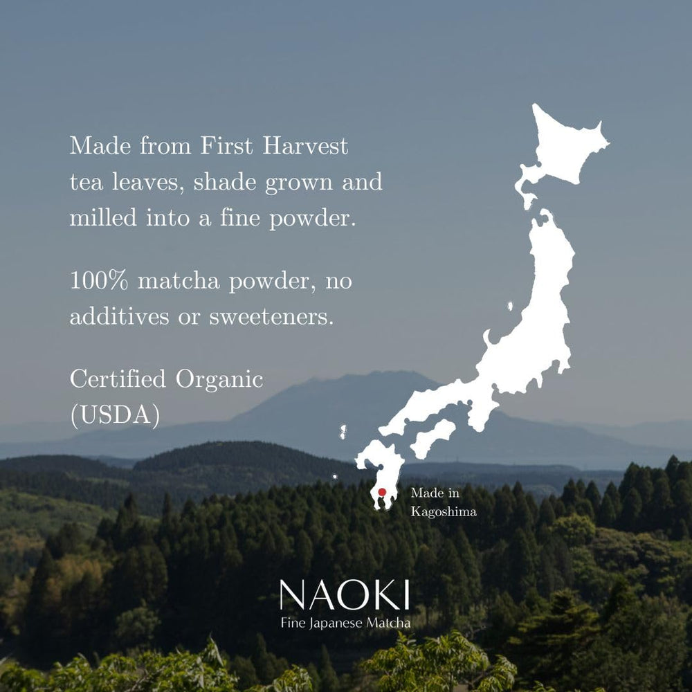Naoki Matcha Chiran Harvest powder scoop reveals vibrant green colour and premium quality.