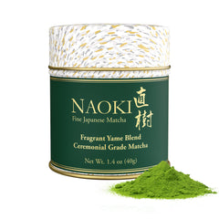 Naoki Matcha Fragrant Yame Blend tin front view for ceremonial rituals.
