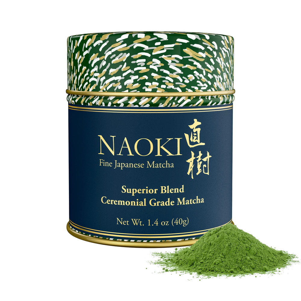 Naoki Matcha tin front preserving freshness for daily ceremonial use.