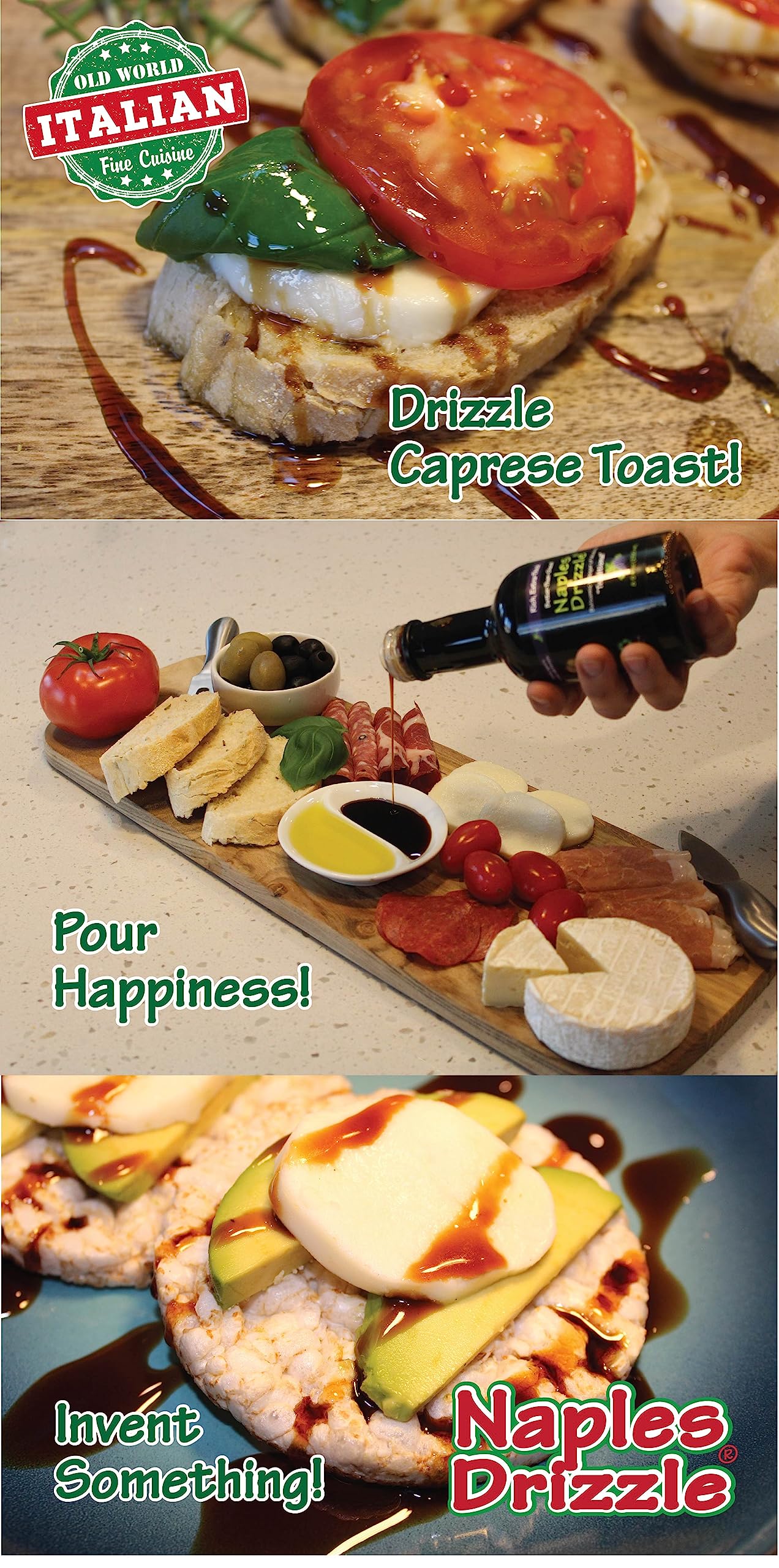 Naples Drizzle Traditional Balsamic Reduction being drizzled over bread.