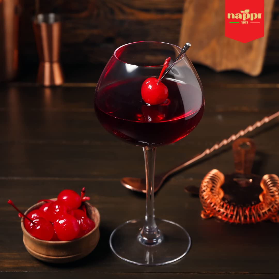 Serving suggestion: Nappi 1911 stemmed cherries in syrup on plated desserts.