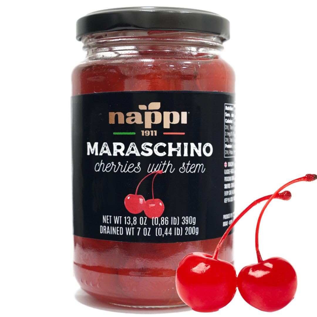 Nappi 1911 maraschino cherries with stems in syrup, glossy finish, ideal garnish for cocktails.