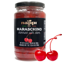 Nappi 1911 maraschino cherries with stems in syrup, glossy finish, ideal garnish for cocktails.
