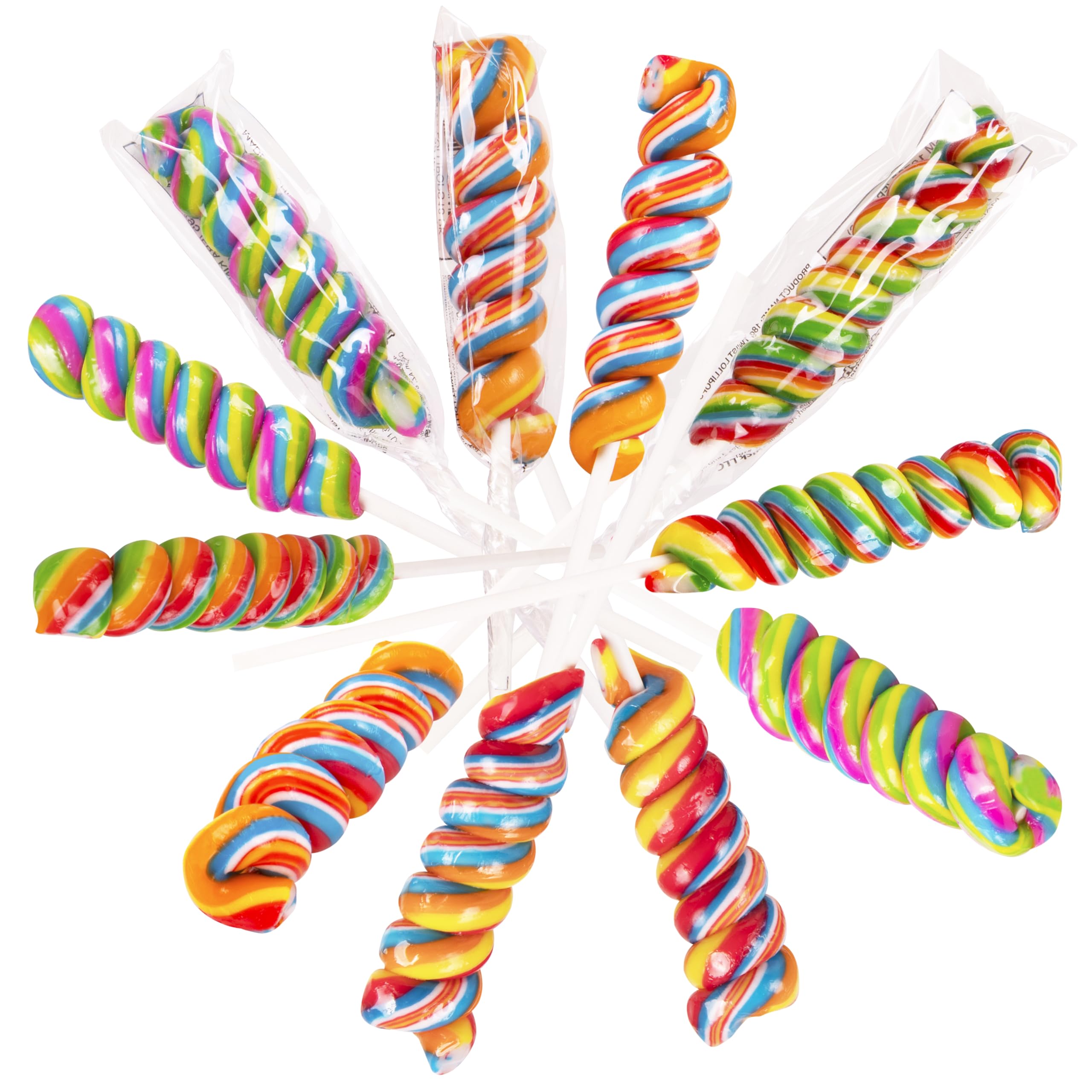 Narwhal Novelties rainbow twist lollipops in vibrant 18-pack swirl for celebrations.