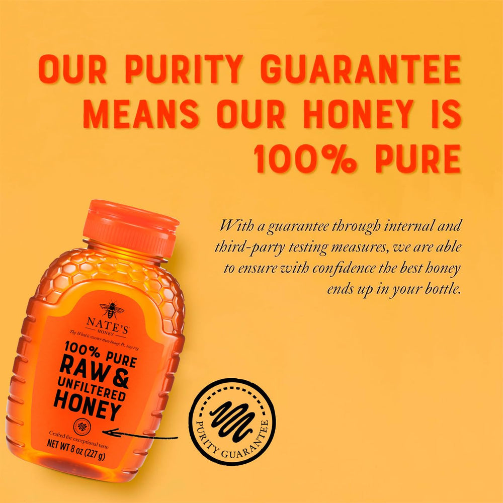 Nate's Honey 4-pack packaging emphasizes convenient, mess-free squeeze bottles.