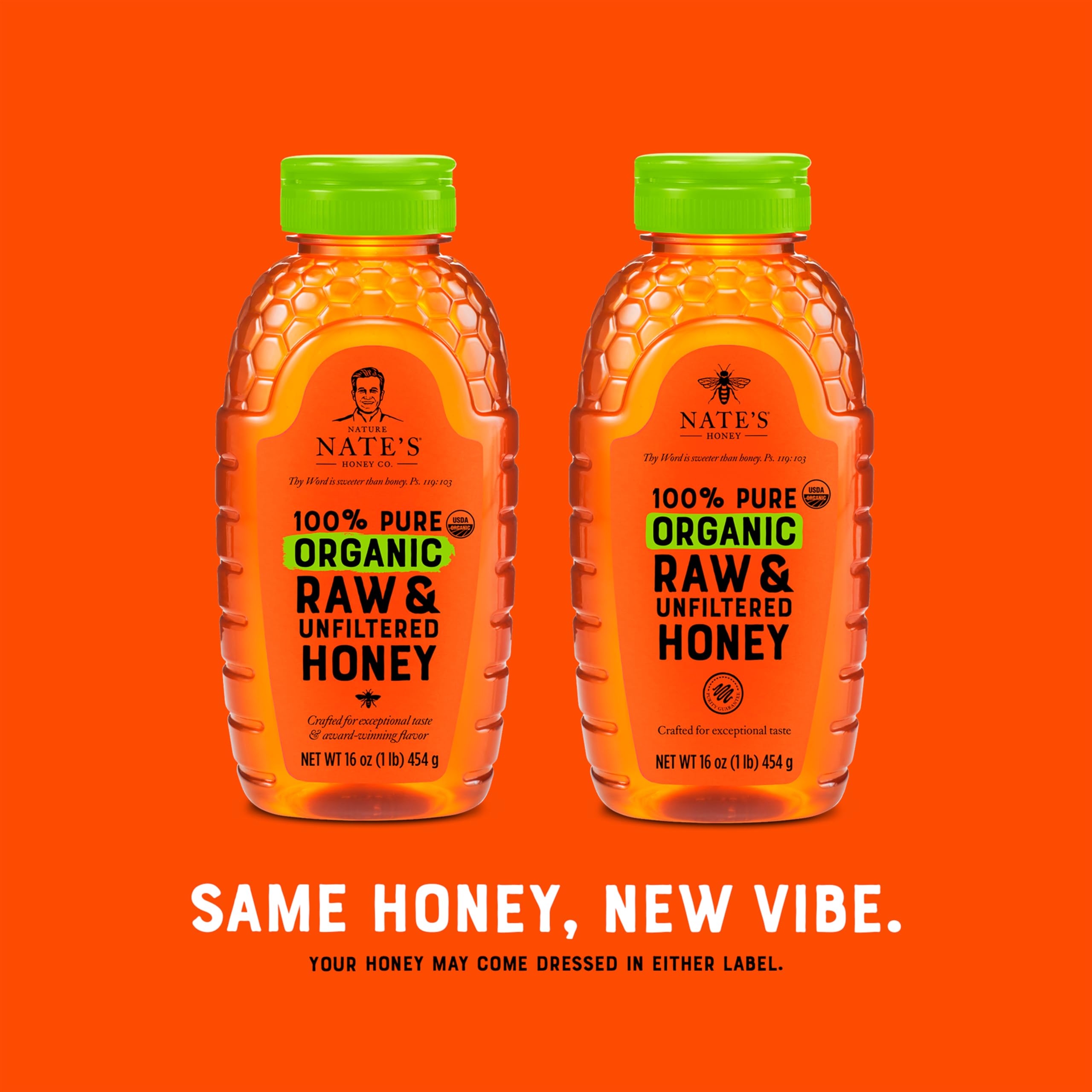 Nature Nate's bees and hive scene evoke responsible sourcing and organic farming.
