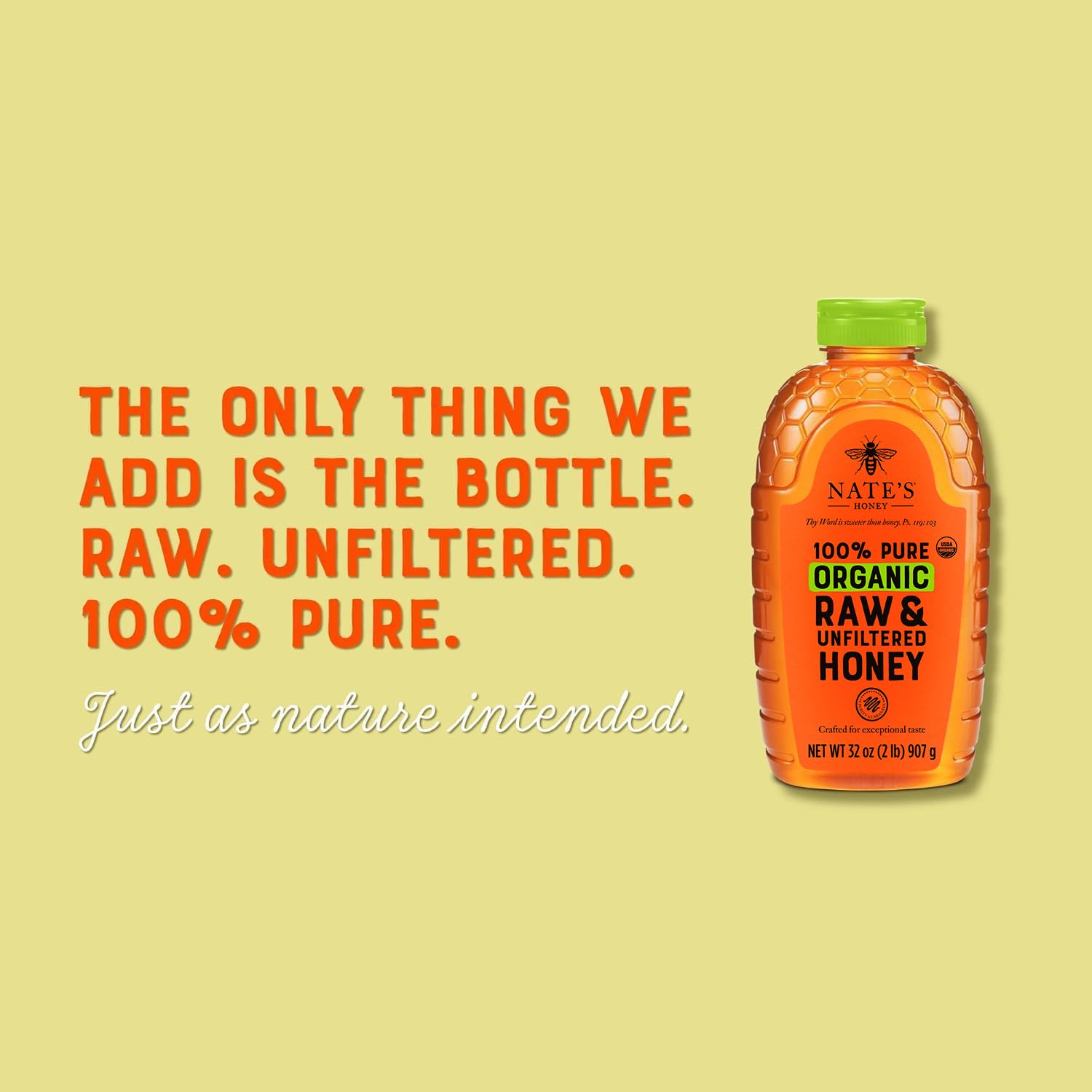 Bees and hive imagery highlight natural sourcing and sustainable practices.