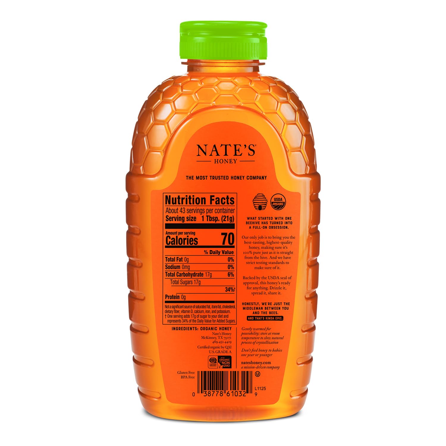 Nature Nate's honey bottle pours into tea, ideal for breakfast and baking.