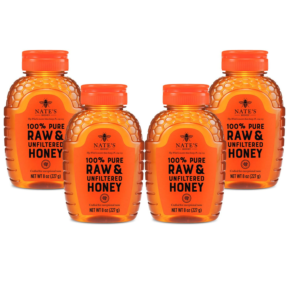 Nate's Honey bottle pour highlights pure, raw flavor ideal for tea and yogurt.