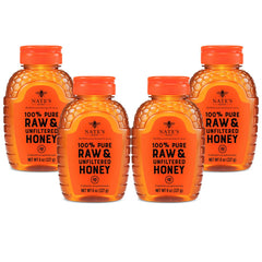 Nate's Honey bottle pour highlights pure, raw flavor ideal for tea and yogurt.