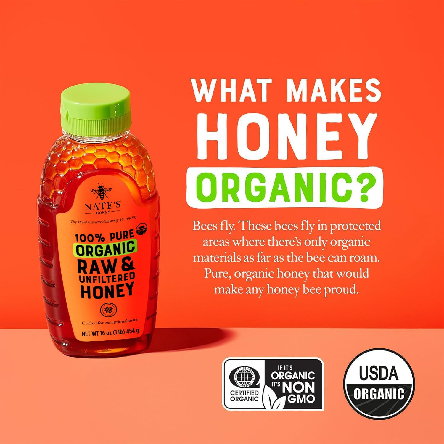 Nature Nate's raw honey texture close-up reveals pollen-rich, unfiltered consistency.