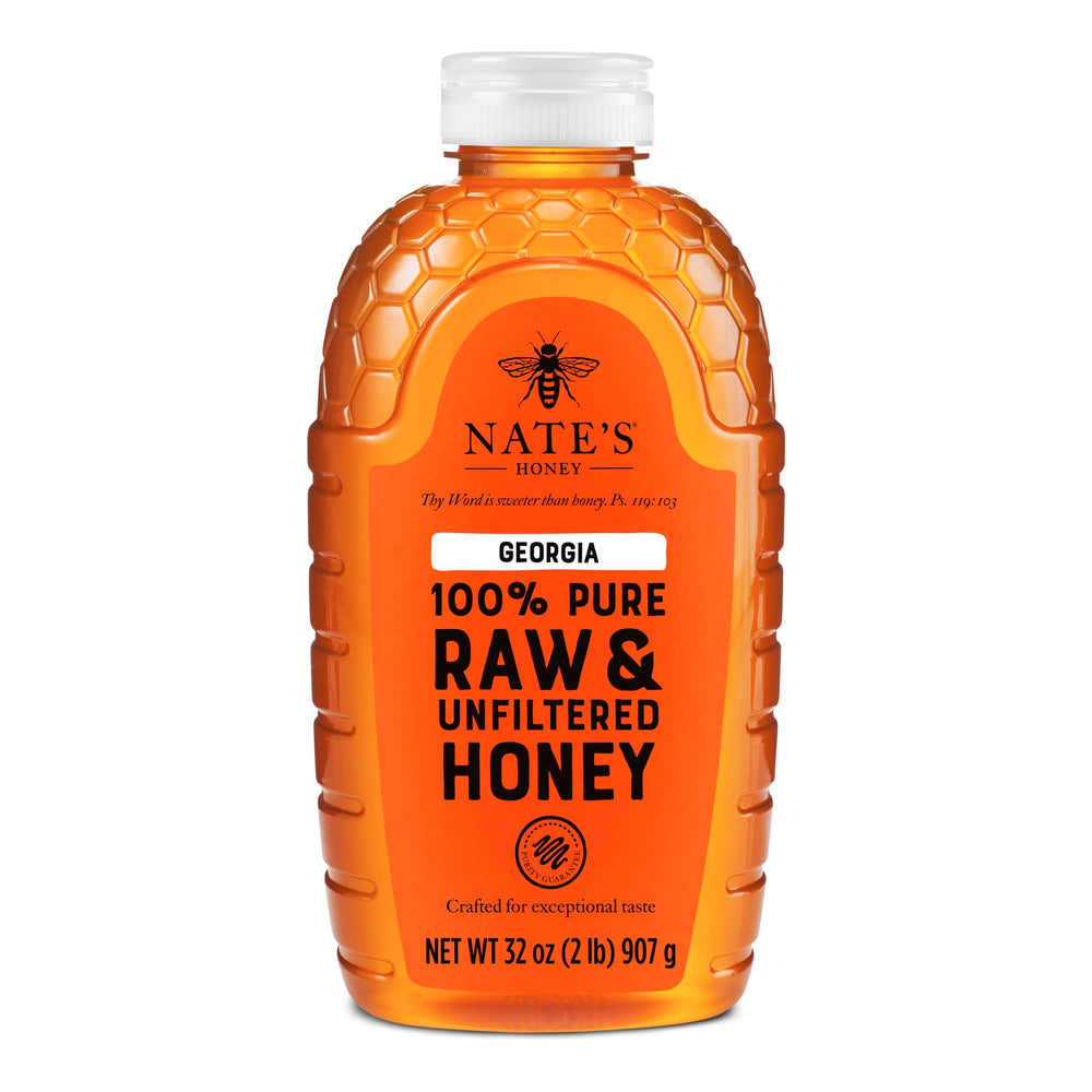 Nate's Honey Georgia bottle pour showing smooth drizzle and purity