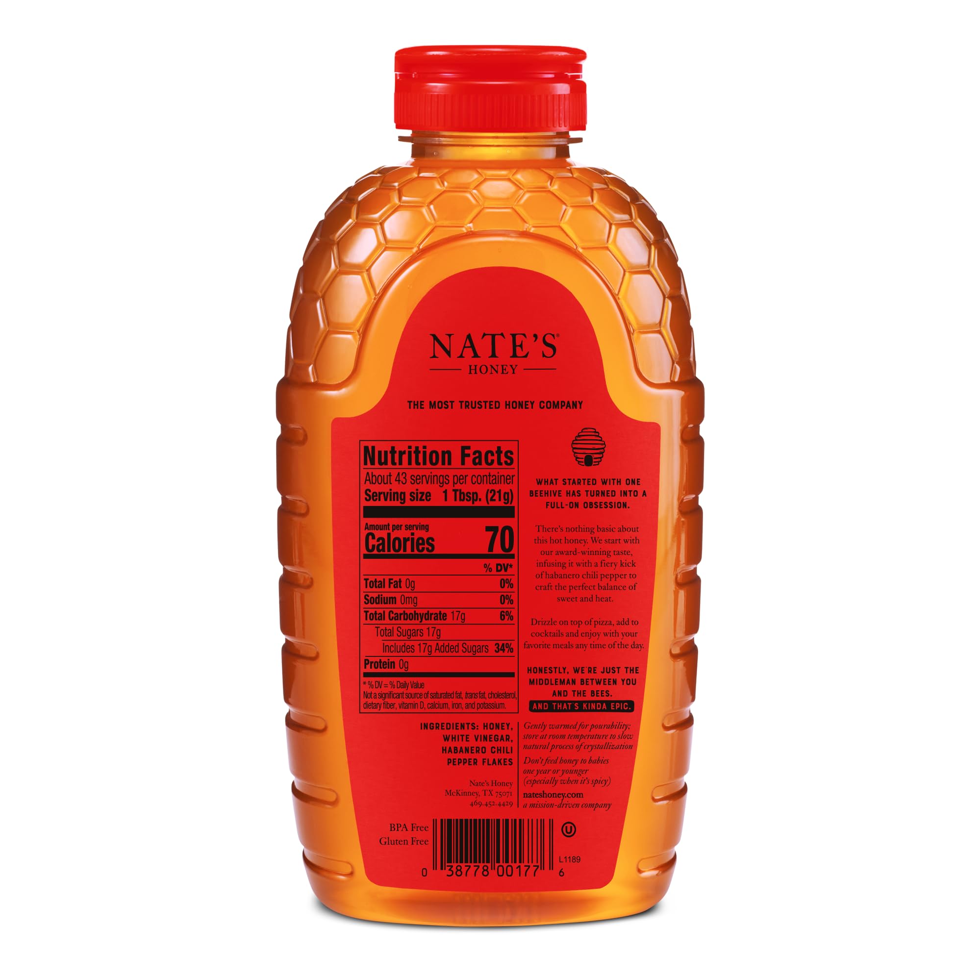 Nate's Hot Honey label close-up highlights purity guarantee.