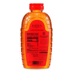 Nate's Hot Honey label close-up highlights purity guarantee.