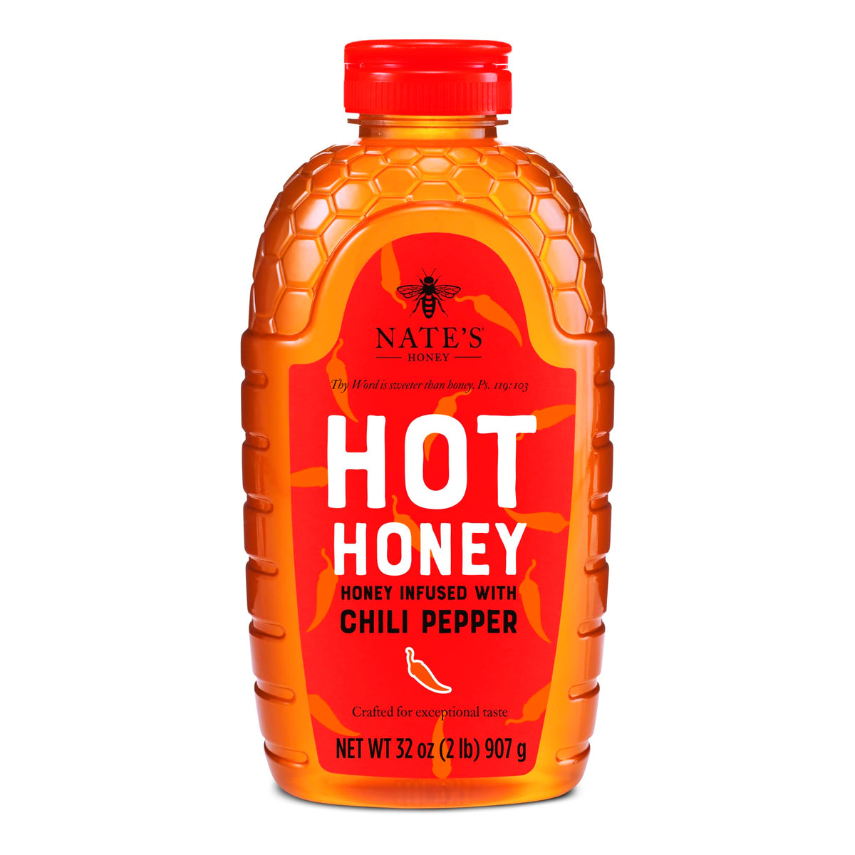 Nate's Hot Honey bottle pours a spicy-sweet drizzle for pizza.