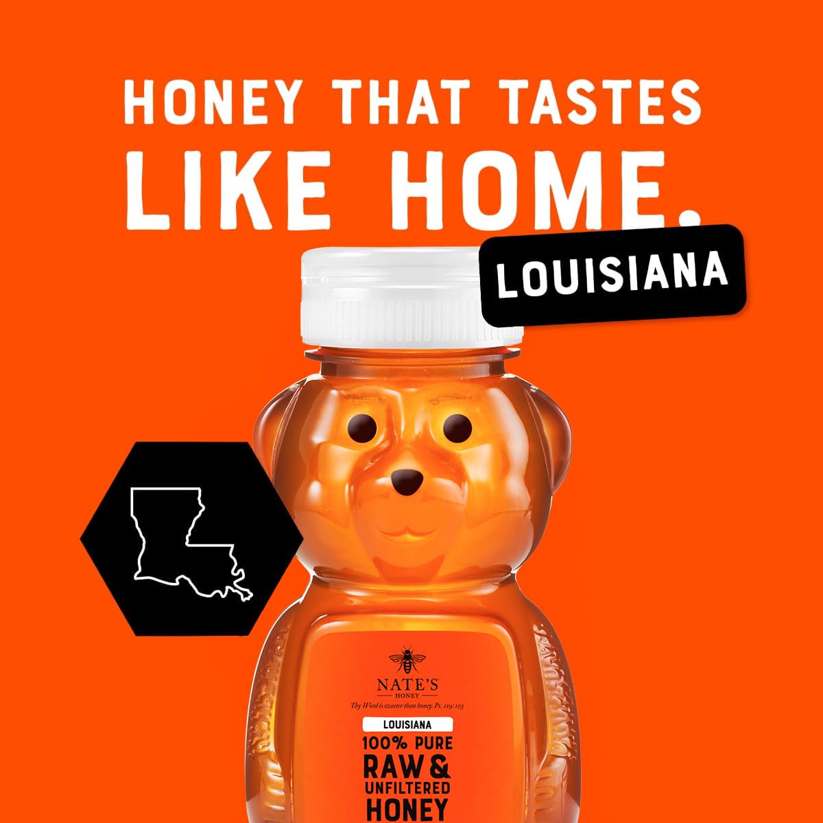 Nate's Honey Louisiana raw honey bear label closeup shows authentic packaging and purity