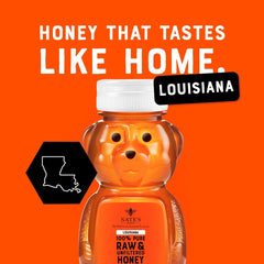 Nate's Honey Louisiana raw honey bear label closeup shows authentic packaging and purity