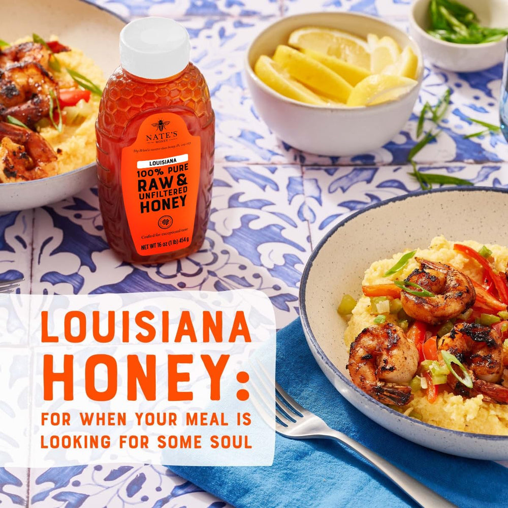 Nate's Honey Louisiana raw honey bear pantry display highlights versatile kitchen sweetener
