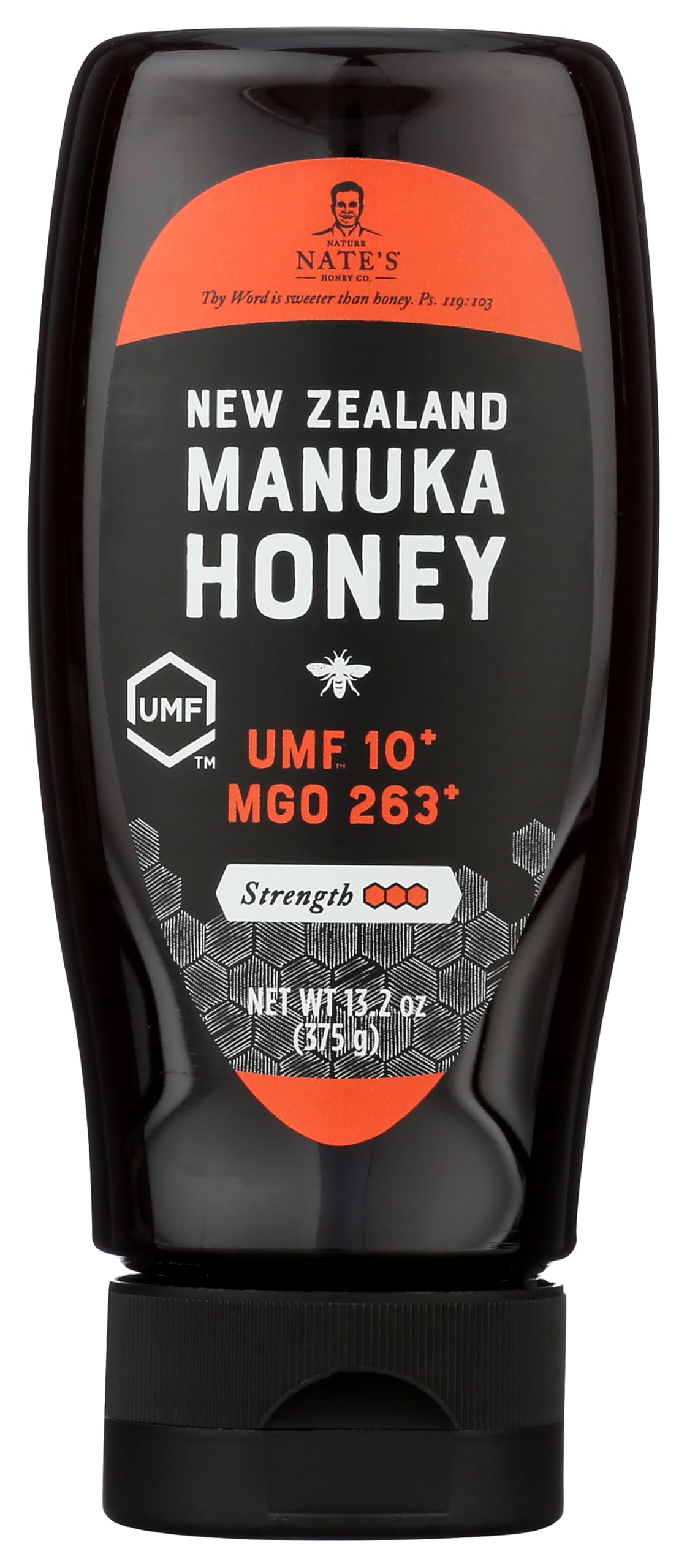 Nate's Honey Manuka 263 MGO bottle closeup for premium flavor in daily beverages.