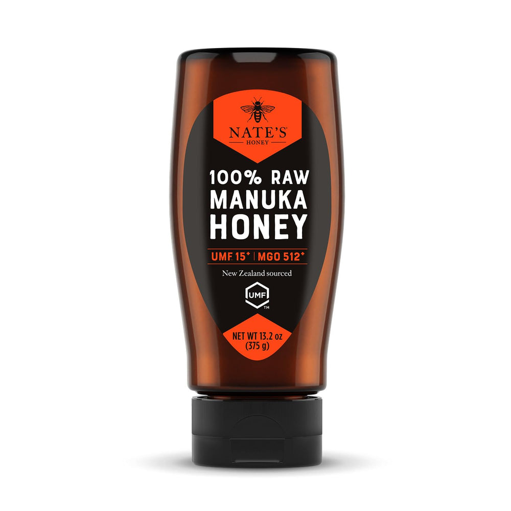 Nate's Manuka honey bottle close-up; may support digestive balance.