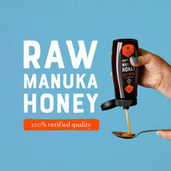 Nate's Manuka honey flows from the bottle; ideal for tea and daily wellness routines.