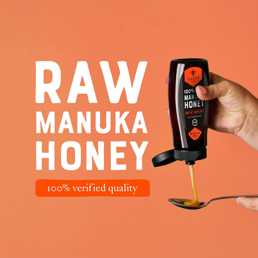 Nate's Honey Manuka honey in glass bottle highlights purity