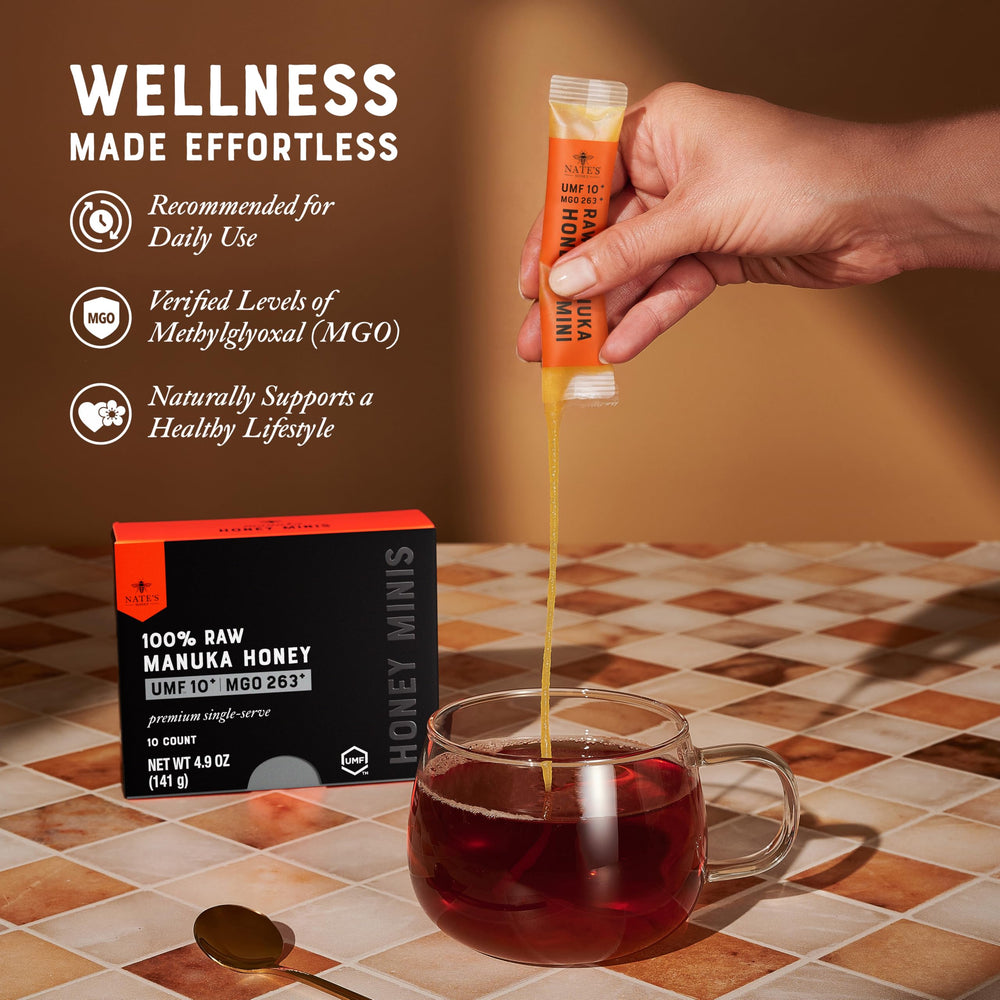 Nate's Manuka Minis UMF-certified honey in single-serve sachets.