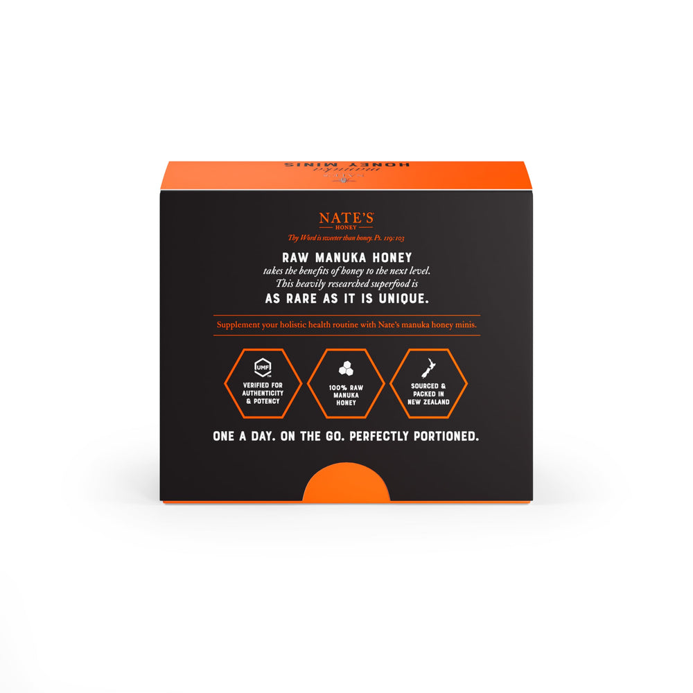 Nate's Manuka Minis mess-free packets eliminate spill risk.