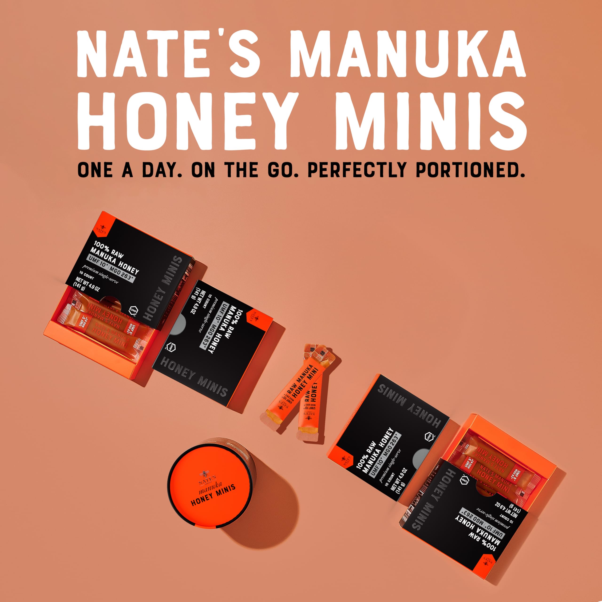 Nate's Manuka Minis drizzle-ready sachets for breakfast pairing.