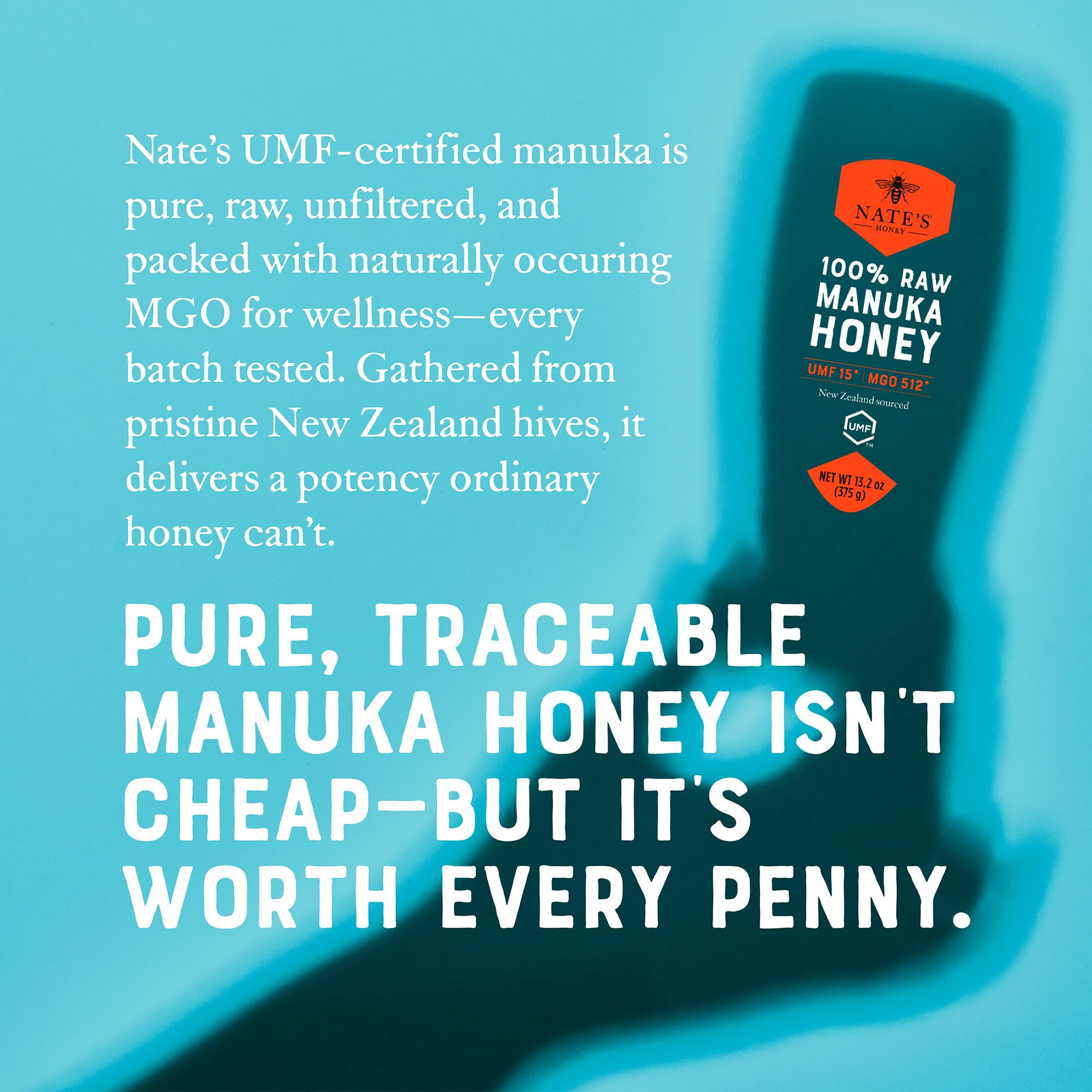 Nate's Manuka honey ready-to-pour; convenient for tea and snacks.