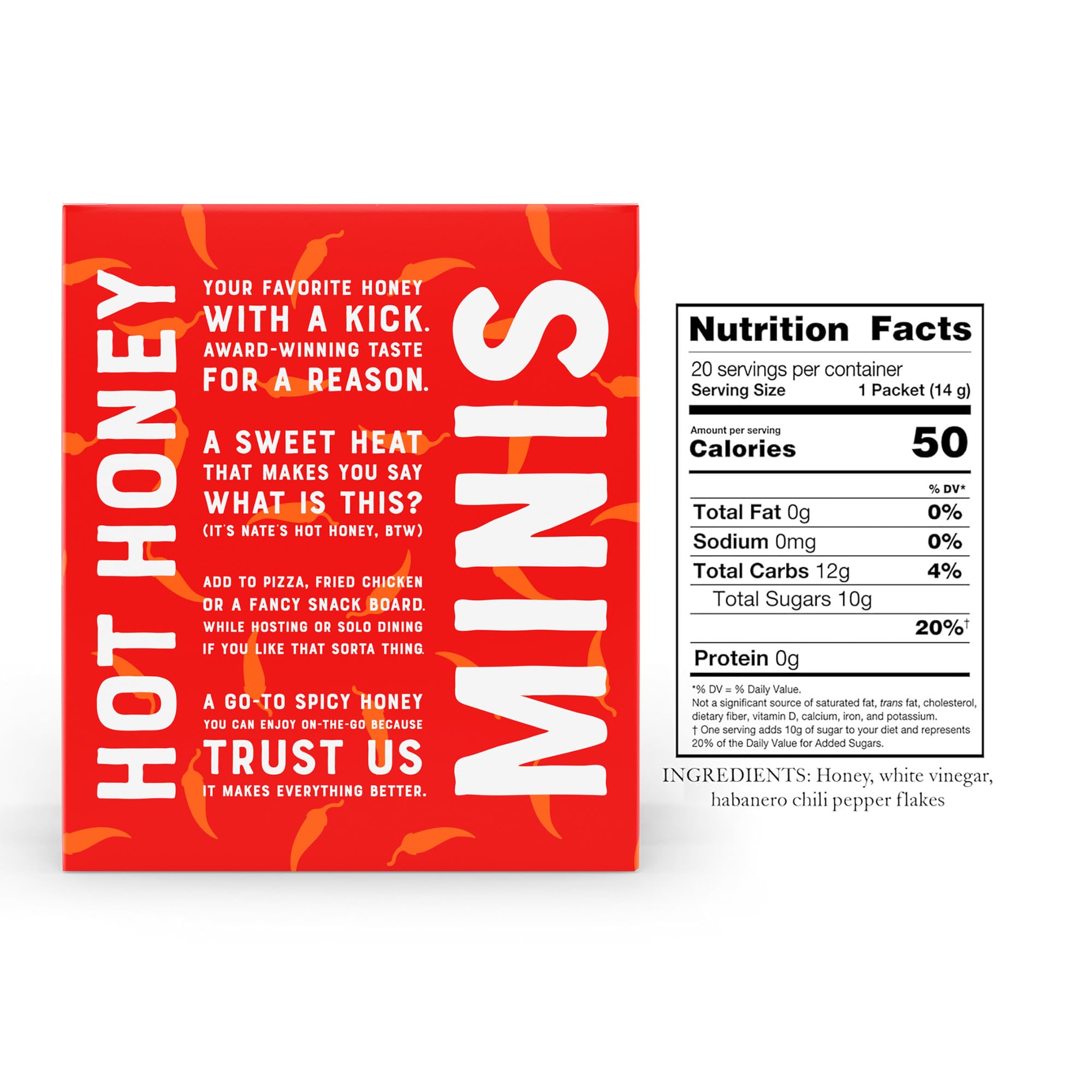 Nate's Honey Minis box-front view highlighting convenient 20-pack.
