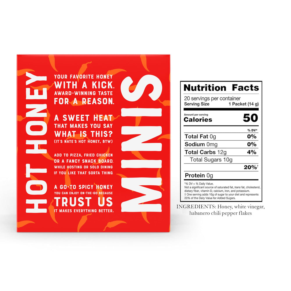 Nate's Honey Minis box-front view highlighting convenient 20-pack.
