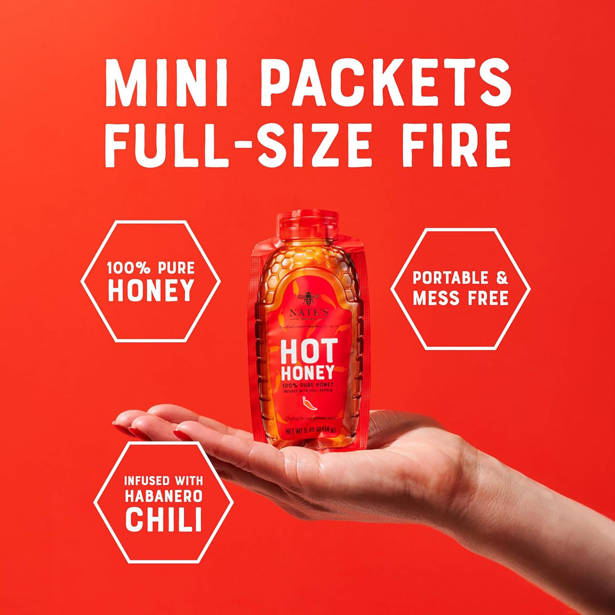 Nate's Honey Minis open packet shows controlled drizzle.