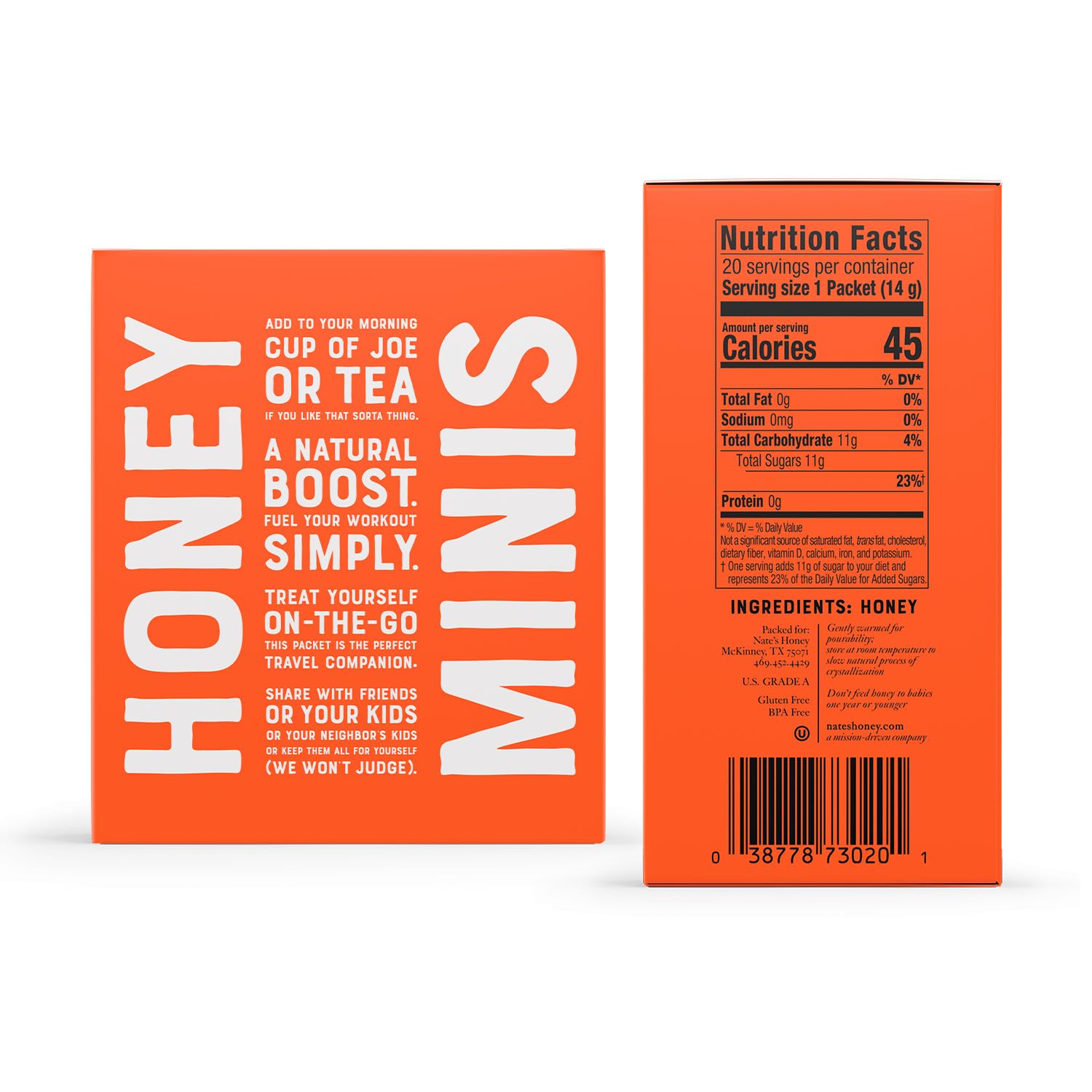 Nate's Honey Minis perfectly portioned 0.49 oz packet for a single serving.