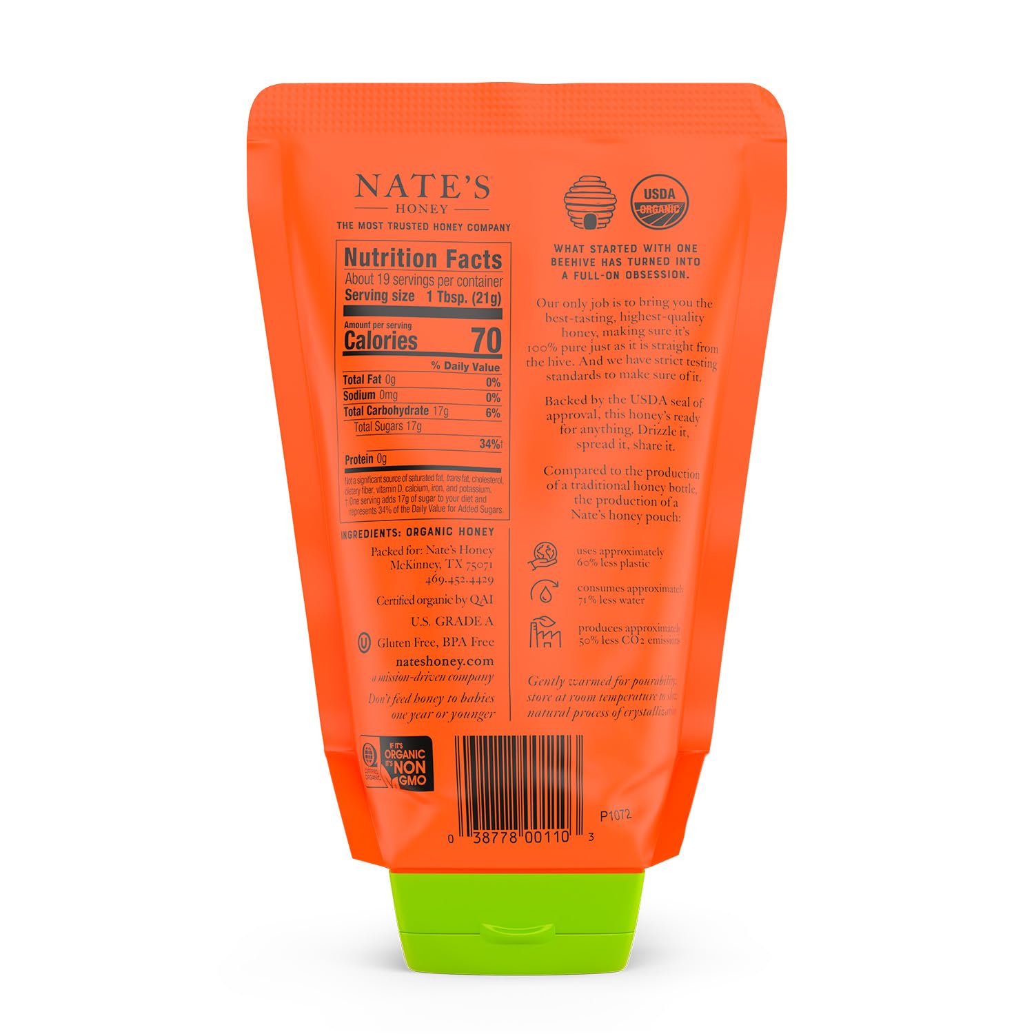 Nate's Honey no-drip pouch design enabling cap-down dispensing for last drop.