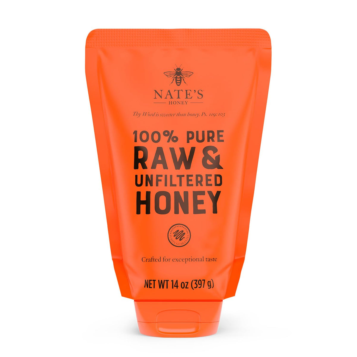 Nate's Honey in a no-drip squeeze pouch for mess-free dispensing.